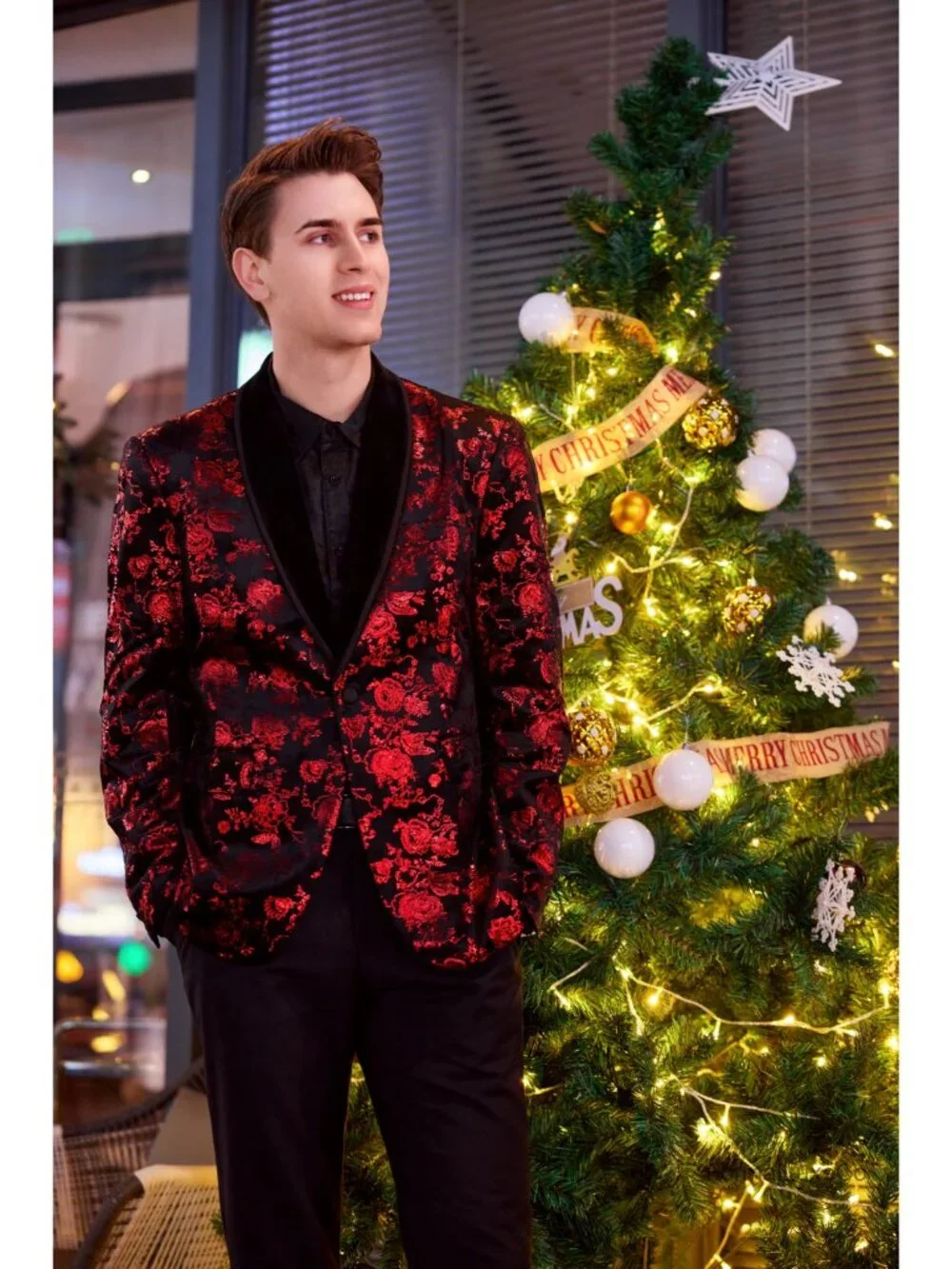 Velvet Tuxedo Blazer Floral Shawl Lapel Men's Wedding Prom Party Jacket
